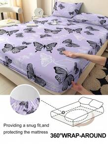 3/4pcs Purple Butterfly Pattern Print Polyester Sheet Set, Idyllic Style Soft Breathable Flat Sheet & Fitted Sheet Bedding Set For All Seasons (1 Flat Sheet+ 1 Fitted Sheet+ 1/2 Pillow Shams)