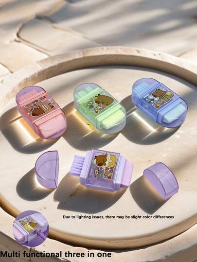 1 件/4 件套可爱水豚多功能三合一卷笔刀，带橡皮擦和刷子 - 单孔，合成橡胶，可爱卡通设计，多种颜色可选 - 适合学生返校