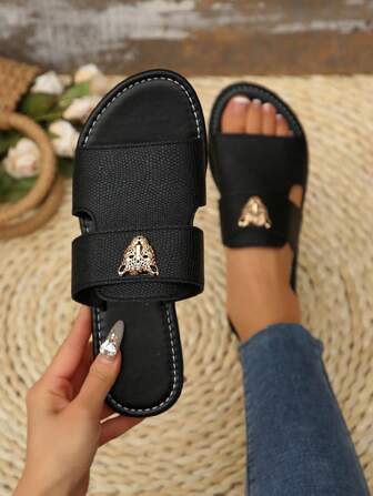 Damen Flache Slide Sandalen mit Leopardenkopf Metall Dekor Riemen Design, reine schwarze Farbe Strandschuhe, eleganter Stil, Sommer Urlaubs Atmosphäre