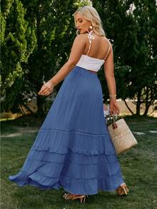 Simplee Plus Size Waist Knot Ruffle Trim A-Line Skirt, Casual Resort Wear - Blue - View 4