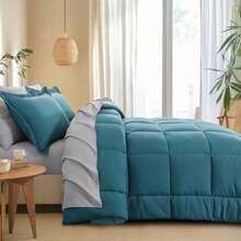 5/7pcs Reversible Comforter Set With Sheets, All-Seasons Bed In A Bag,Twin/Full/Queen/King Size, Thread Count 300, Lightweight, Machine Washable - Xanh mòng két và xám nhạt - Xem 4