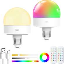 Bombilla recargable - Bombilla con batería E27, 10 controles remotos atenuadores y de color adecuados para luces de pared no cableadas, lámparas colgantes, etc. (2 paquetes)