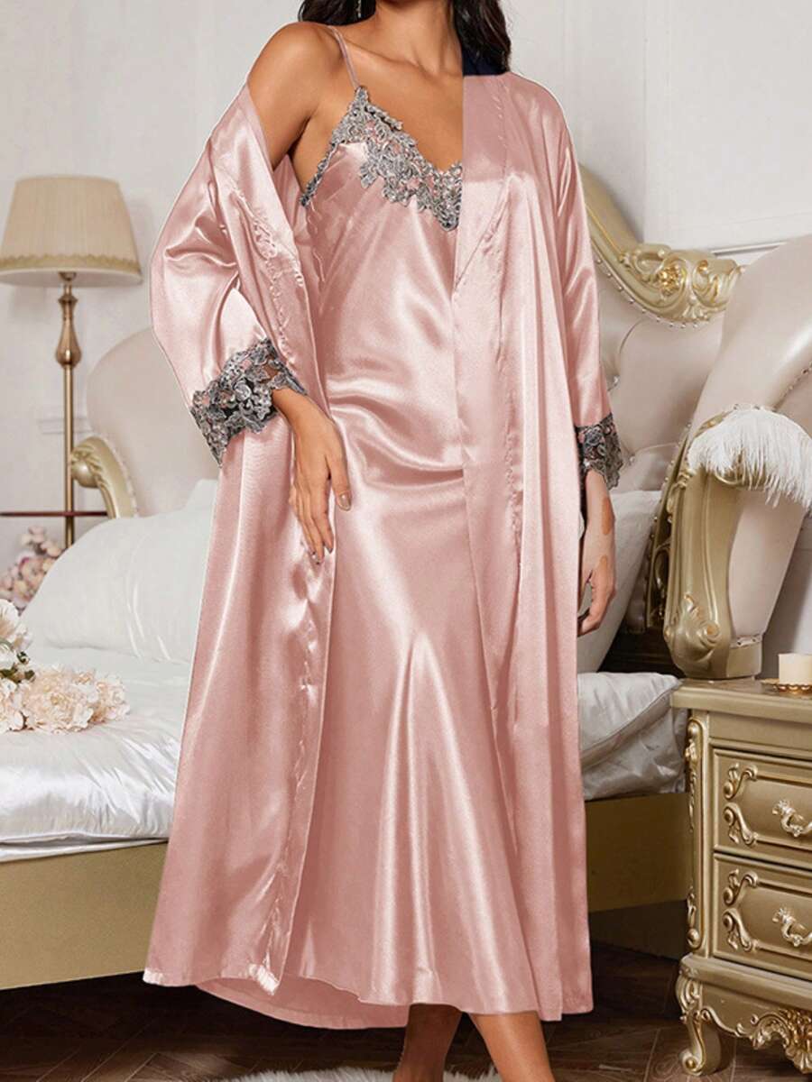 Women's Satin Long Robe And Lace Trim Nightgown Set - Pink - View 1