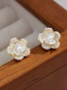 1 对简约优雅时尚可爱甜美花朵和人造珍珠耳钉，适合女性日常和节日佩戴 - 珍珠花朵 - 查看 4
