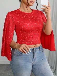 Plus Size Fashion Red T-Shirt With Silver Print And Split Sleeve, Cropped - Red - View 5