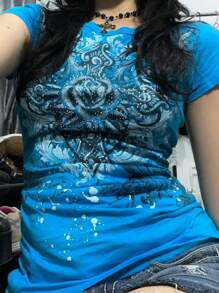 Women Y2k Fairy Grunge Shirt Top Punk Goth Graphic Short Sleeve Crewneck T Shirts E-Girls Slim Fit Tees Top Vintage Aesthetic Clothes Streetwear - 藍色 - 查看 2