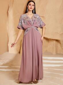 Women's V-Neck Solid Color Floral Embroidered Pearls Decorated High Waist Long Sleeve Arabian Dress