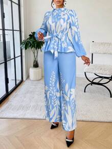 AIJ Amarilo 女士花卉印花腰收腰衬衫&阔腿裤套装两件套（定位印花）