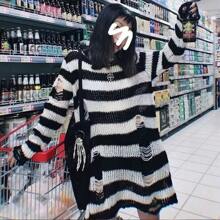 New Goth Punk Gothic Sweater Oversized Pullovers Women Striped Cool Hollow Out Hole Broken Jumper Harajuku Aesthetics Sweater - 藍色 - 查看 4