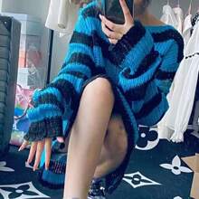 New Goth Punk Gothic Sweater Oversized Pullovers Women Striped Cool Hollow Out Hole Broken Jumper Harajuku Aesthetics Sweater - 藍色 - 查看 5