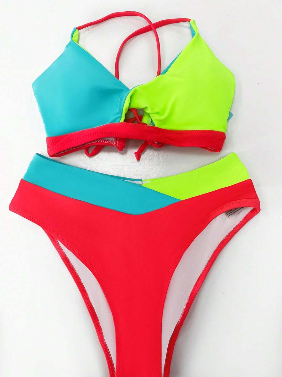 popvil 2pcs Women Summer Beach Color Block Neon Bikini Set With Hollow Out Front And Back Tie Design, Bathing Suit, Vacation Bikini Set - Multicolor - View 1