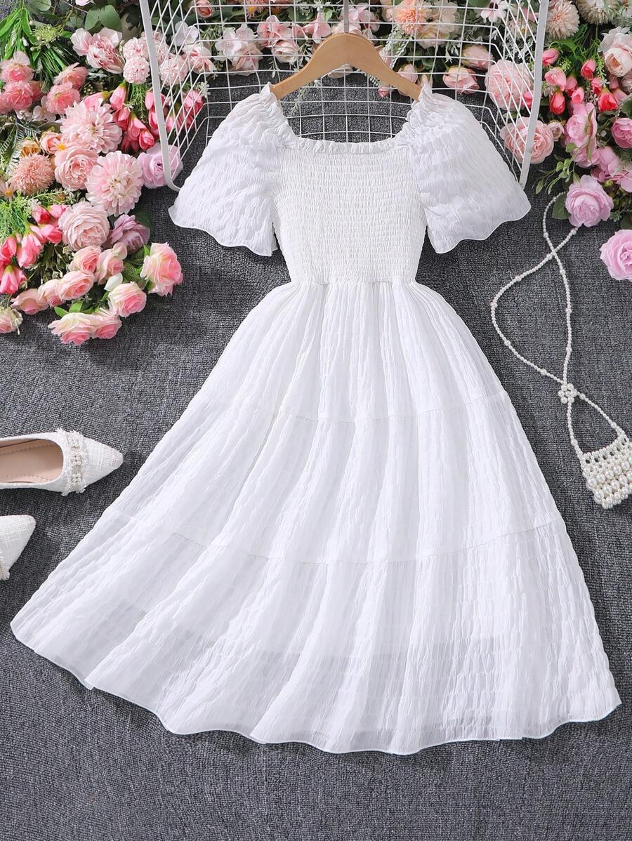 Tween Girl 1pc Casual Solid Color Square Neck Oxford Jumper Dress, Summer