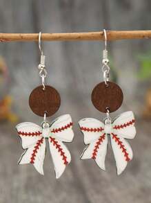 1 Pair Acrylic Softball Printed Bow Earrings, Cute Sports Style Small Earrings For Women