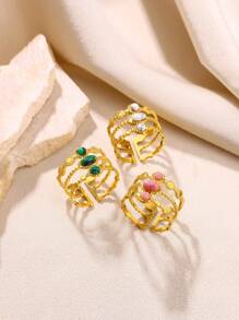 金色不锈钢戒指，复古粉色天然宝石度假波西米亚风女士戒指约会夏季珠宝 - 金色 - 查看 2