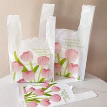 50 Pieces - PE Printed Shopping Bag With Handle, Maple Feather Bag, Avocado Tote Bag, Rose Tulip Gift Bag, Cherry Tote Bag, Plastic Packaging Bag, Jewelry Bag, Disposable Durable Grocery Retail Bag, Suitable For Supermarkets, Restaurants, And Daily Use, Suitable For Graduation Season, Birthday Parties, Suitable For Mother's Day And Eid Al Adha