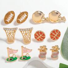 Set de 12 pares de pendientes de mujer con diseño de bolas deportivas con rhinestones, que incluyen baloncesto, aro de baloncesto, fútbol, pelota de golf, adecuados para usar en eventos deportivos diarios