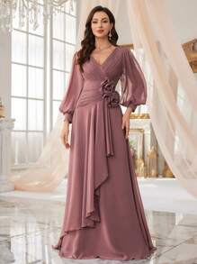 SUPGIR Long Sleeve Lantern Dress With 3D Flower, V-Neck And Front Slit, Pleated Accent, Wedding Guest Dress Party Dress Formal Dress Evening Dress,Gown - Dusty Pink - View 3