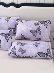 3/4pcs Purple Butterfly Pattern Print Polyester Sheet Set, Idyllic Style Soft Breathable Flat Sheet & Fitted Sheet Bedding Set For All Seasons (1 Flat Sheet+ 1 Fitted Sheet+ 1/2 Pillow Shams)