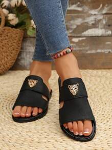 Women's Flat Slide Sandals With Leopard Head Metal Decor Strap Design, Pure Black Color Beach Shoes, Elegant Style, Summer Holiday Vibe