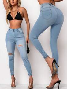 Women's High-Waisted Fashion Denim Stretch Blue Pants Jeans With Pockets And Holes - 藍色 - 查看 1