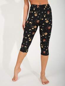 女士休闲时尚百搭 3/4 长度紧身裤，黄色花卉图案，柔软舒适弹力修身裤，适合健身、瑜伽、户外活动、居家、旅行