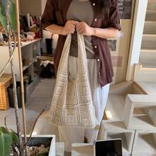 1pc Handmade Knitted Shoulder Bag For Women, 2025 New Casual Commuter Hollow-Out Handbag, Large Capacity Woven Tote, Beach Bag, Summer, Beach, Retro Style, Versatile, Open-Top Design, Suitable For Casual Business Women, Travel Essentials, Fit For Travel/Work/Commute/Daily Outfit/School, Gift For Girlfriend, Friend, Family, Mom, Holiday Present, Mother's Day - Apricot - View 6