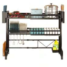 Organizador expandible para fregadero de cocina, Rejilla multifuncional para secar platos, Estante para almacenar tazones y platos en la encimera - negro - Ver 5