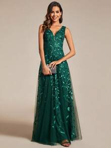 EVERPRETTY Deep V-Neck Floral Sequin Contrast Color Mesh Evening Dress, Suitable For Dinner Attendance - Dark Green - View 5