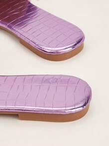 Purple Stone Texture PU Leather Women's Flat Sandals With Fur Ball Tassel Decor, Boho Style, Vacation Style - Purple - View 5