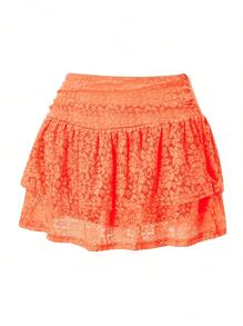 Women Tiered Ruffled Short Skirts Floral Lace Sheer Mid Rise Lined Cute Flowy Mini Skirts - Orange - View 2