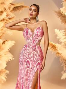 2025 Metallic Pink Satin Evening Gown With 3D Floral Embroidery Deep V-Neck High-Slit Floor-Length Dress, Carpet Glam Celebrity Style Formal Gown, Party Dress, Wedding Guest Dress, Prom Dress - Pink - View 6