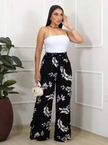 Printed High-Waisted Palazzo Pants With Pockets, Lining And Ties - Black Printed Trousers - View 1
