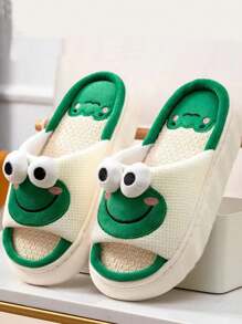Women's Linen Cartoon Slip-On Anti-Slip Design Flat Home Slippers, Suitable For All Seasons - Green - View 1