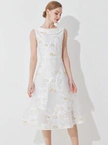 Heavily Embroidered Organza Jacquard Sleeveless Cocktail Dress For Women, Party Dress