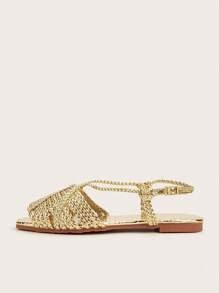 Gold PU Leather Handwoven Strap & Stone Textured Material Platform Flat Sandals For Women, Vacation Style - Gold - View 3