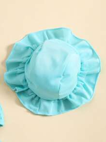 Conjuntos de trajes de baño de verano para niñas pequeñas, blusa con cuello colgante, pantalones cortos con volantes en capas y sombrero. - Azul - Ver 4