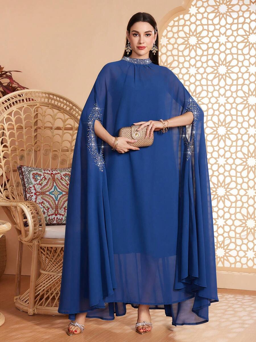 Women's Solid Color Stand Collar, Cuff & Neckline Embellished With Beading, Rhinestones, Asymmetrical Hem Long 2 Pieces Arabic Abaya, Suitable For Various Occasions - Festivals, Gatherings, Daily Wear, Soft & Comfortable - Blue - View 1