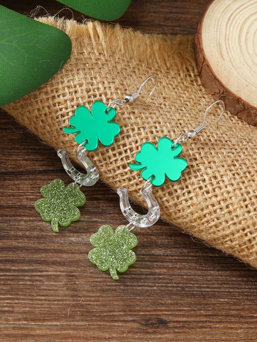 1 par de aretes largos de trébol verde con forma de gota acrílica de la Día de San Patricio
