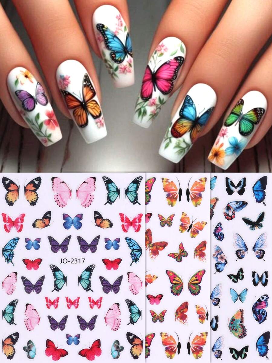 3片装3D逼真蝴蝶美甲贴纸，彩色混合尺寸蝴蝶图案，春夏自粘美甲贴，DIY沙龙美甲装饰，美甲贴片，适合女性和女孩