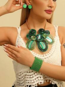 夸张多层手工串珠编织波西米亚风项链耳环套装，铝线和亚克力，适合派对、婚礼、度假、欧盟、美国、韩国风格 - 彩色 - 查看 7