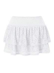 Women Tiered Ruffled Short Skirts Floral Lace Sheer Mid Rise Lined Cute Flowy Mini Skirts - White - View 3