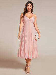 EVERPRETTY Midi Tiered Pleated V-Neck Featuring Spaghetti Straps Bridesmaid Dress - Pink - View 1