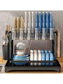 1 Set 2-Tier Stainless Steel Dish Drying Rack With Drainage Tray, Adjustable Dish Drainer For Kitchen Counter, Rotatable Drainage System - Multicolor - View 3