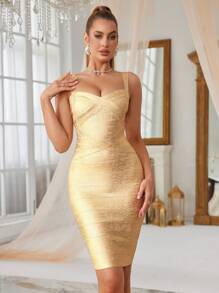 Gold Metallic Foil Sexy Backless Bandage Midi Bodycon Dress For Party, Wedding Guest Cocktail Dress