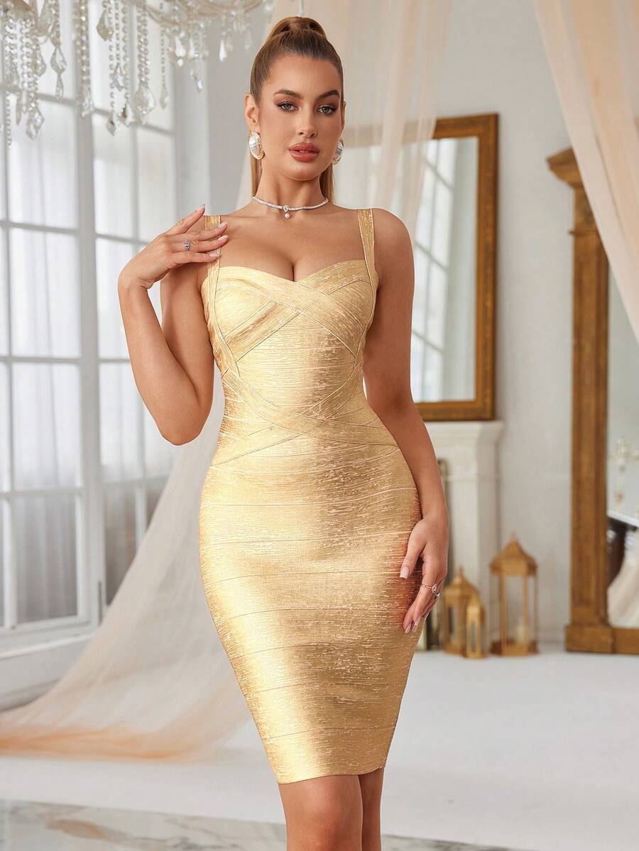 Gold Metallic Foil Sexy Backless Bandage Midi Bodycon Dress For Party, Wedding Guest Cocktail Dress