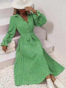 Eilly Bazar Vacation Style Women's Turndown Collar Ruffle Hem Long Sleeve Pleated Dress With Belt And Ditsy Floral, Slim Fit Vintage Dress For Spring/Summer - Green - View 4
