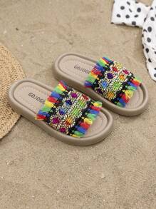 女孩彩色编织流苏装饰凉鞋，时尚波西米亚风格，适合海滩、日常穿着、散步 - 棕色 - 查看 2