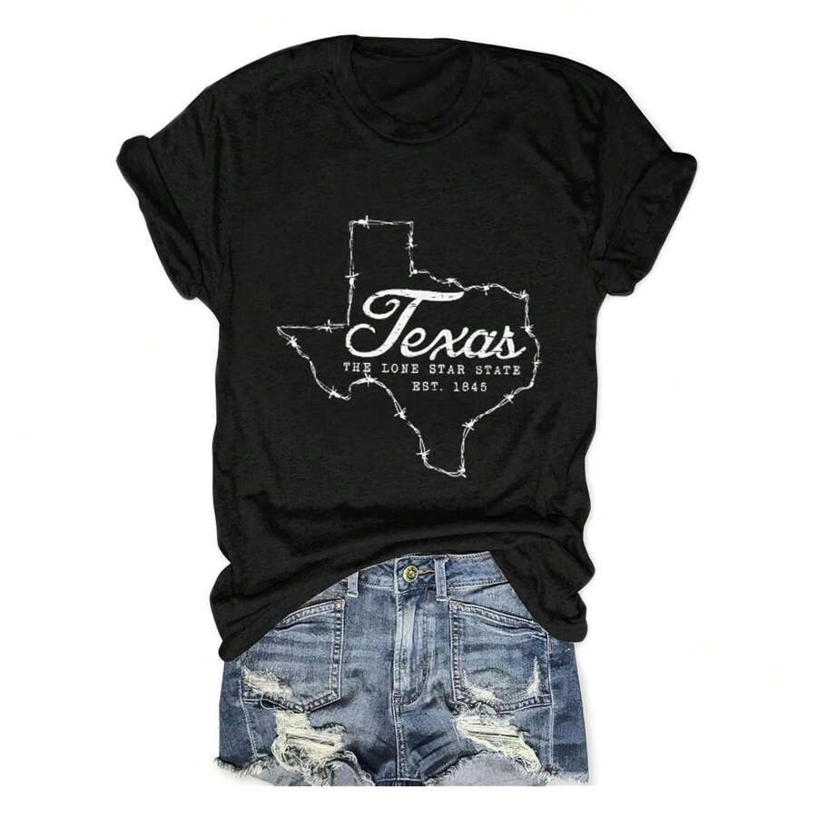 Vintage Texas T Shirt 1845 Womens Summer Funny Casual Map Graphic Tees Short Sleeve Tops Fashionable Plus Size Women's T-Shirt, Super Soft And Breathable Cotton | Comfortable Fit, Versatile Everyday Style, Suitable For All Seasons. - 黑色 - 查看 1