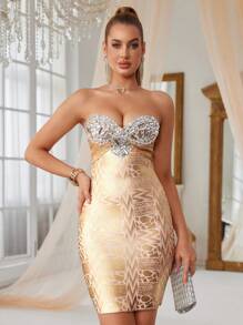 Hot Gold Shiny Diamonds Sheath Short Dress Party Bodycon Bandage Evening Gowns