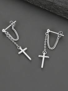 1 Pair Unique High-End Cross Chain Earrings, Cubic Zirconia Stud Earrings, Edgy & Elegant Style, Suitable For Men And Women